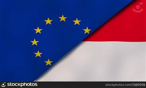 Two states flags of European Union and Monaco. High quality business background. 3d illustration. The flags of European Union and Monaco. News, reportage, business background. 3d illustration