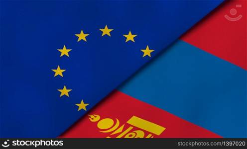 Two states flags of European Union and Mongolia. High quality business background. 3d illustration. The flags of European Union and Mongolia. News, reportage, business background. 3d illustration