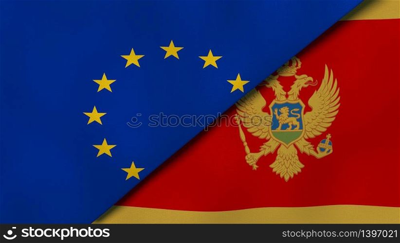 Two states flags of European Union and Montenegro. High quality business background. 3d illustration. The flags of European Union and Montenegro. News, reportage, business background. 3d illustration