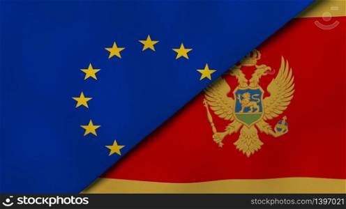 Two states flags of European Union and Montenegro. High quality business background. 3d illustration. The flags of European Union and Montenegro. News, reportage, business background. 3d illustration