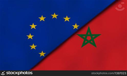Two states flags of European Union and Morocco. High quality business background. 3d illustration. The flags of European Union and Morocco. News, reportage, business background. 3d illustration