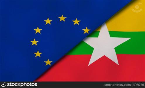 Two states flags of European Union and Myanmar. High quality business background. 3d illustration. The flags of European Union and Myanmar. News, reportage, business background. 3d illustration
