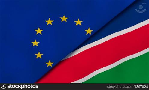 Two states flags of European Union and Namibia. High quality business background. 3d illustration. The flags of European Union and Namibia. News, reportage, business background. 3d illustration