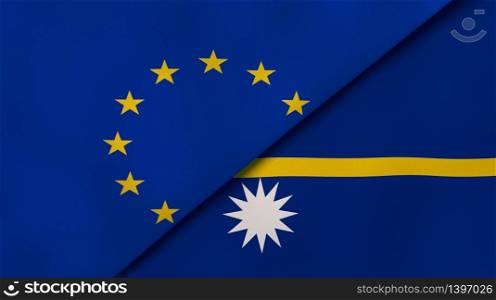 Two states flags of European Union and Nauru. High quality business background. 3d illustration. The flags of European Union and Nauru. News, reportage, business background. 3d illustration