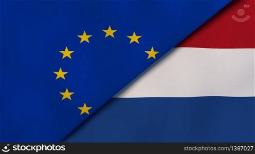 Two states flags of European Union and Netherlands. High quality business background. 3d illustration. The flags of European Union and Netherlands. News, reportage, business background. 3d illustration