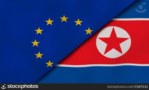 Two states flags of European Union and North Korea. High quality business background. 3d illustration. The flags of European Union and North Korea. News, reportage, business background. 3d illustration