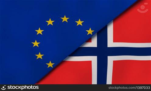 Two states flags of European Union and Norway. High quality business background. 3d illustration. The flags of European Union and Norway. News, reportage, business background. 3d illustration