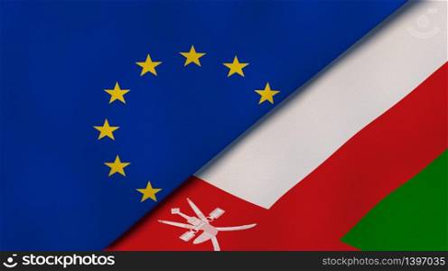 Two states flags of European Union and Oman. High quality business background. 3d illustration. The flags of European Union and Oman. News, reportage, business background. 3d illustration