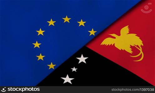 Two states flags of European Union and Papua New Guinea. High quality business background. 3d illustration. The flags of European Union and Papua New Guinea. News, reportage, business background. 3d illustration