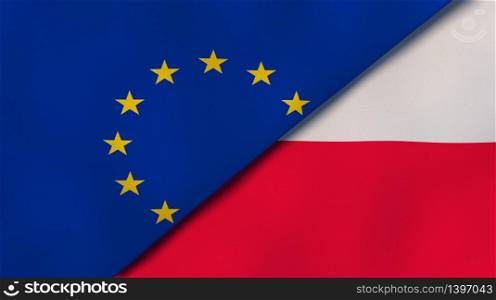 Two states flags of European Union and Poland. High quality business background. 3d illustration. The flags of European Union and Poland. News, reportage, business background. 3d illustration