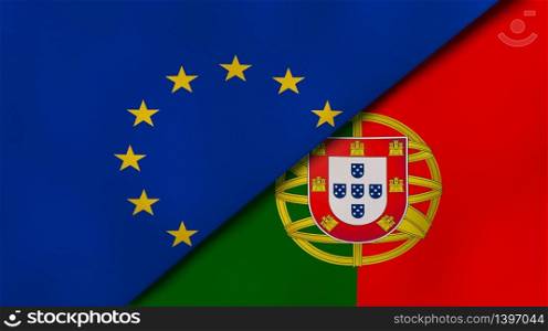 Two states flags of European Union and Portugal. High quality business background. 3d illustration. The flags of European Union and Portugal. News, reportage, business background. 3d illustration