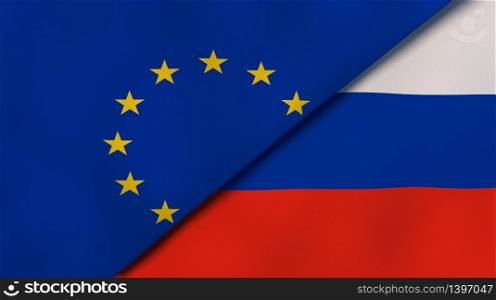 Two states flags of European Union and Russia. High quality business background. 3d illustration. The flags of European Union and Russia. News, reportage, business background. 3d illustration