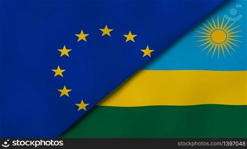 Two states flags of European Union and Rwanda. High quality business background. 3d illustration. The flags of European Union and Rwanda. News, reportage, business background. 3d illustration
