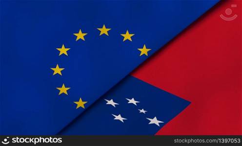 Two states flags of European Union and Samoa. High quality business background. 3d illustration. The flags of European Union and Samoa. News, reportage, business background. 3d illustration