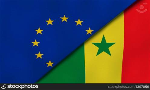Two states flags of European Union and Senegal. High quality business background. 3d illustration. The flags of European Union and Senegal. News, reportage, business background. 3d illustration