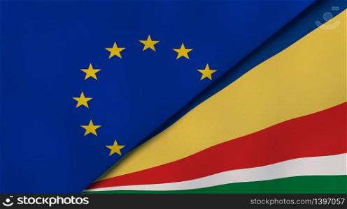 Two states flags of European Union and Seychelles. High quality business background. 3d illustration. The flags of European Union and Seychelles. News, reportage, business background. 3d illustration