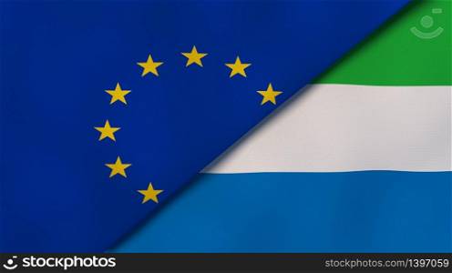 Two states flags of European Union and Sierra Leone. High quality business background. 3d illustration. The flags of European Union and Sierra Leone. News, reportage, business background. 3d illustration