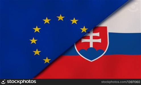 Two states flags of European Union and Slovakia. High quality business background. 3d illustration. The flags of European Union and Slovakia. News, reportage, business background. 3d illustration