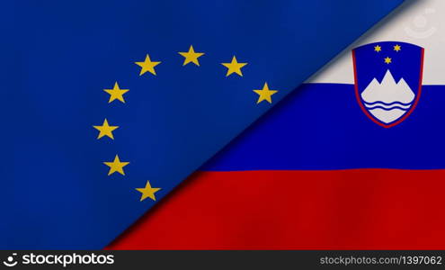 Two states flags of European Union and Slovenia. High quality business background. 3d illustration. The flags of European Union and Slovenia. News, reportage, business background. 3d illustration