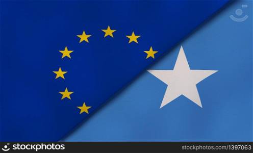 Two states flags of European Union and Somalia. High quality business background. 3d illustration. The flags of European Union and Somalia. News, reportage, business background. 3d illustration
