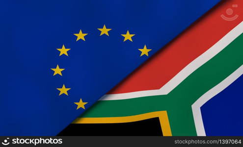 Two states flags of European Union and South Africa. High quality business background. 3d illustration. The flags of European Union and South Africa. News, reportage, business background. 3d illustration
