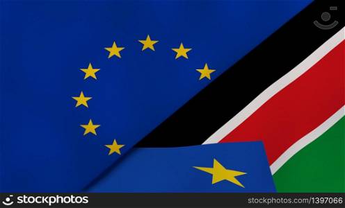 Two states flags of European Union and South Sudan. High quality business background. 3d illustration. The flags of European Union and South Sudan. News, reportage, business background. 3d illustration