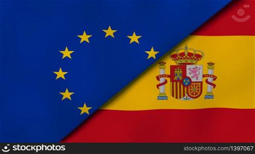 Two states flags of European Union and Spain. High quality business background. 3d illustration. The flags of European Union and Spain. News, reportage, business background. 3d illustration