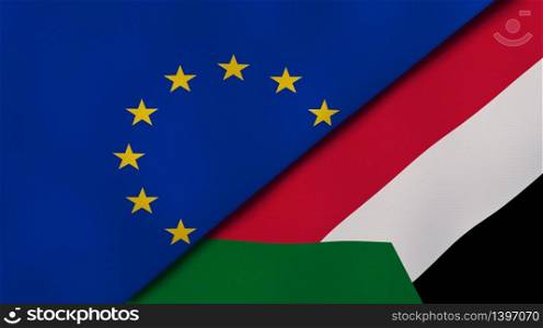 Two states flags of European Union and Sudan. High quality business background. 3d illustration. The flags of European Union and Sudan. News, reportage, business background. 3d illustration