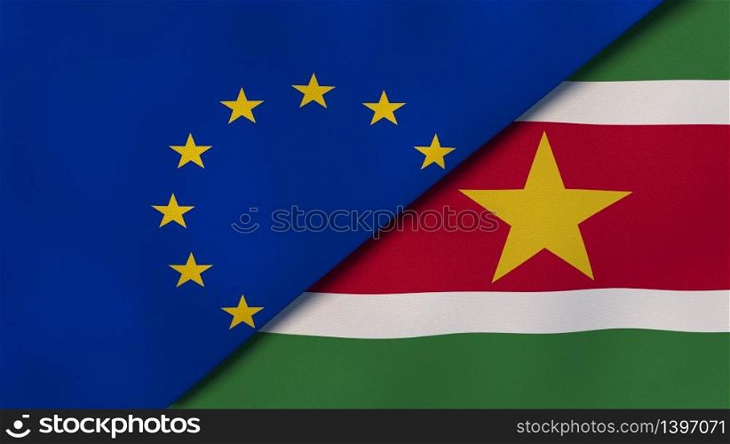 Two states flags of European Union and Suriname. High quality business background. 3d illustration. The flags of European Union and Suriname. News, reportage, business background. 3d illustration