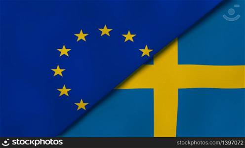 Two states flags of European Union and Sweden. High quality business background. 3d illustration. The flags of European Union and Sweden. News, reportage, business background. 3d illustration