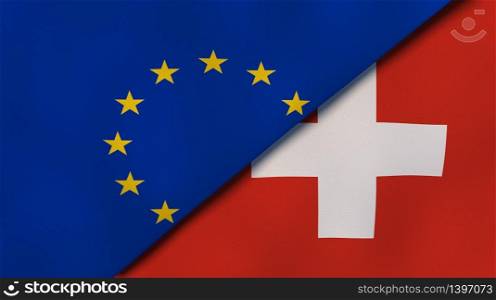 Two states flags of European Union and Switzerland. High quality business background. 3d illustration. The flags of European Union and Switzerland. News, reportage, business background. 3d illustration
