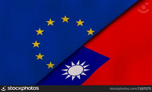 Two states flags of European Union and Taiwan. High quality business background. 3d illustration. The flags of European Union and Taiwan. News, reportage, business background. 3d illustration