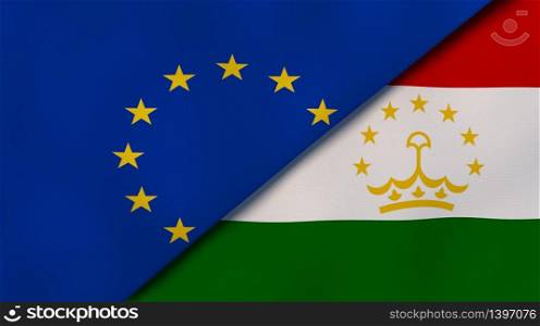Two states flags of European Union and Tajikistan. High quality business background. 3d illustration. The flags of European Union and Tajikistan. News, reportage, business background. 3d illustration