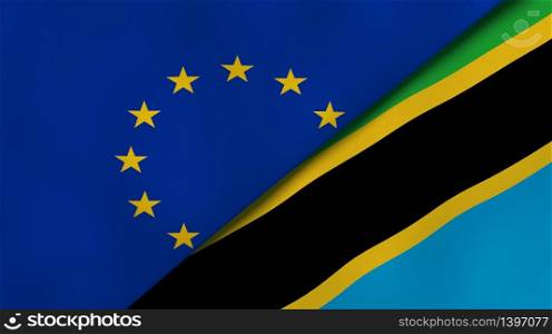 Two states flags of European Union and Tanzania. High quality business background. 3d illustration. The flags of European Union and Tanzania. News, reportage, business background. 3d illustration