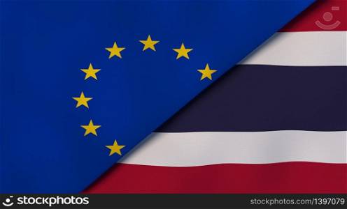 Two states flags of European Union and Thailand. High quality business background. 3d illustration. The flags of European Union and Thailand. News, reportage, business background. 3d illustration