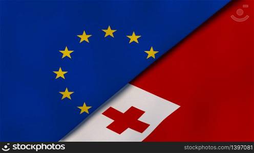 Two states flags of European Union and Tonga. High quality business background. 3d illustration. The flags of European Union and Tonga. News, reportage, business background. 3d illustration