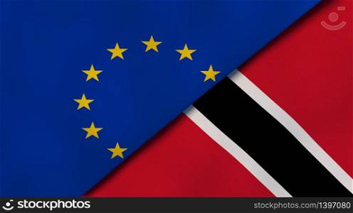 Two states flags of European Union and Trinidad and Tobago. High quality business background. 3d illustration. The flags of European Union and Trinidad and Tobago. News, reportage, business background. 3d illustration