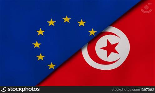 Two states flags of European Union and Tunisia. High quality business background. 3d illustration. The flags of European Union and Tunisia. News, reportage, business background. 3d illustration