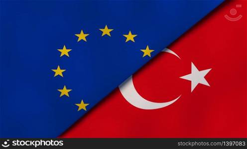Two states flags of European Union and Turkey. High quality business background. 3d illustration. The flags of European Union and Turkey. News, reportage, business background. 3d illustration
