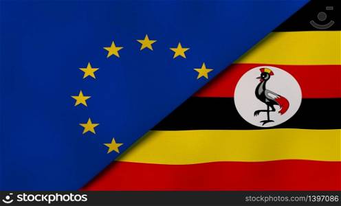 Two states flags of European Union and Uganda. High quality business background. 3d illustration. The flags of European Union and Uganda. News, reportage, business background. 3d illustration