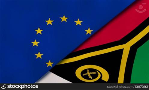 Two states flags of European Union and Vanuatu. High quality business background. 3d illustration. The flags of European Union and Vanuatu. News, reportage, business background. 3d illustration