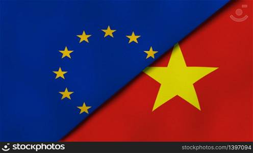 Two states flags of European Union and Vietnam. High quality business background. 3d illustration. The flags of European Union and Vietnam. News, reportage, business background. 3d illustration