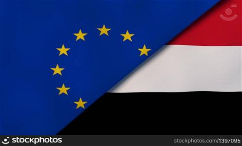 Two states flags of European Union and Yemen. High quality business background. 3d illustration. The flags of European Union and Yemen. News, reportage, business background. 3d illustration