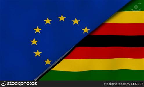 Two states flags of European Union and Zimbabwe. High quality business background. 3d illustration. The flags of European Union and Zimbabwe. News, reportage, business background. 3d illustration