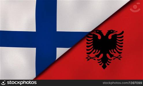 Two states flags of Finland and Albania. High quality business background. 3d illustration. The flags of Finland and Albania. News, reportage, business background. 3d illustration