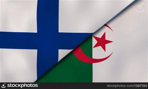Two states flags of Finland and Algeria. High quality business background. 3d illustration. The flags of Finland and Algeria. News, reportage, business background. 3d illustration