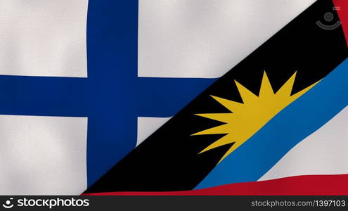 Two states flags of Finland and Antigua and Barbuda. High quality business background. 3d illustration. The flags of Finland and Antigua and Barbuda. News, reportage, business background. 3d illustration