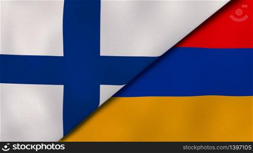 Two states flags of Finland and Armenia. High quality business background. 3d illustration. The flags of Finland and Armenia. News, reportage, business background. 3d illustration