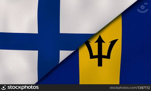 Two states flags of Finland and Barbados. High quality business background. 3d illustration. The flags of Finland and Barbados. News, reportage, business background. 3d illustration