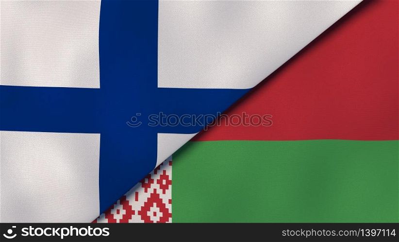 Two states flags of Finland and Belarus. High quality business background. 3d illustration. The flags of Finland and Belarus. News, reportage, business background. 3d illustration